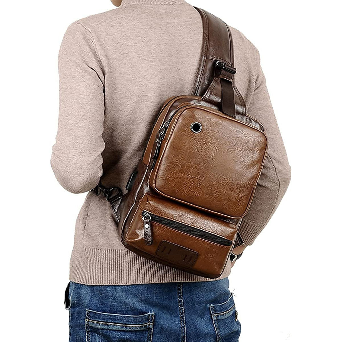 Vintage PU Leather Sling Backpack with USB Charger, Small Shoulder Bag