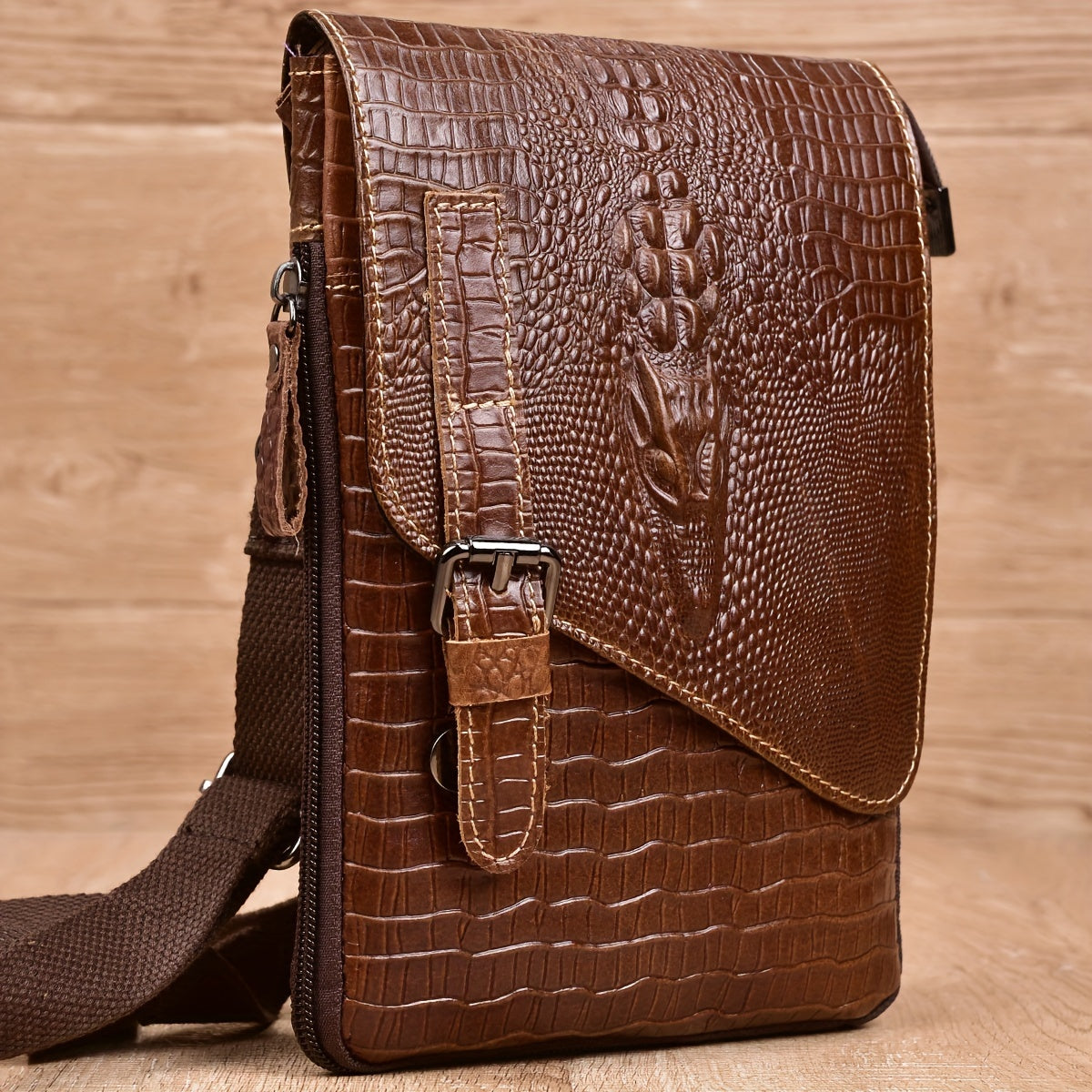 Cowhide Small Shoulder Bag, Crocodile Pattern Casual Sling Bag