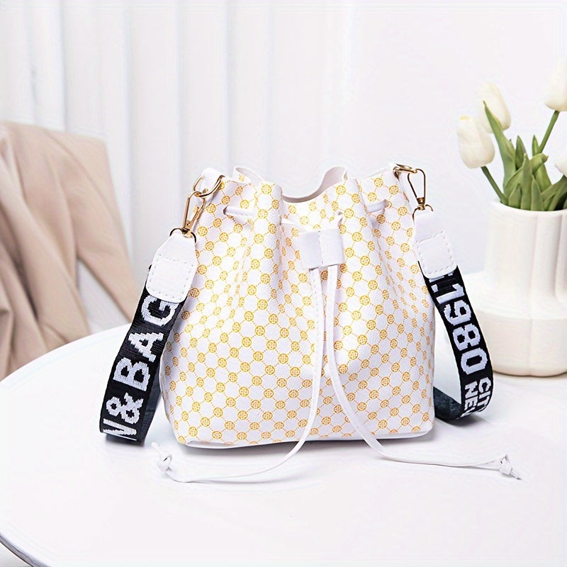 Fashion Printed PU Leather Bucket Bag, Men's Drawstring Strap Tote Bag