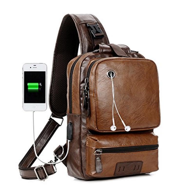 Vintage PU Leather Sling Backpack with USB Charger, Small Shoulder Bag