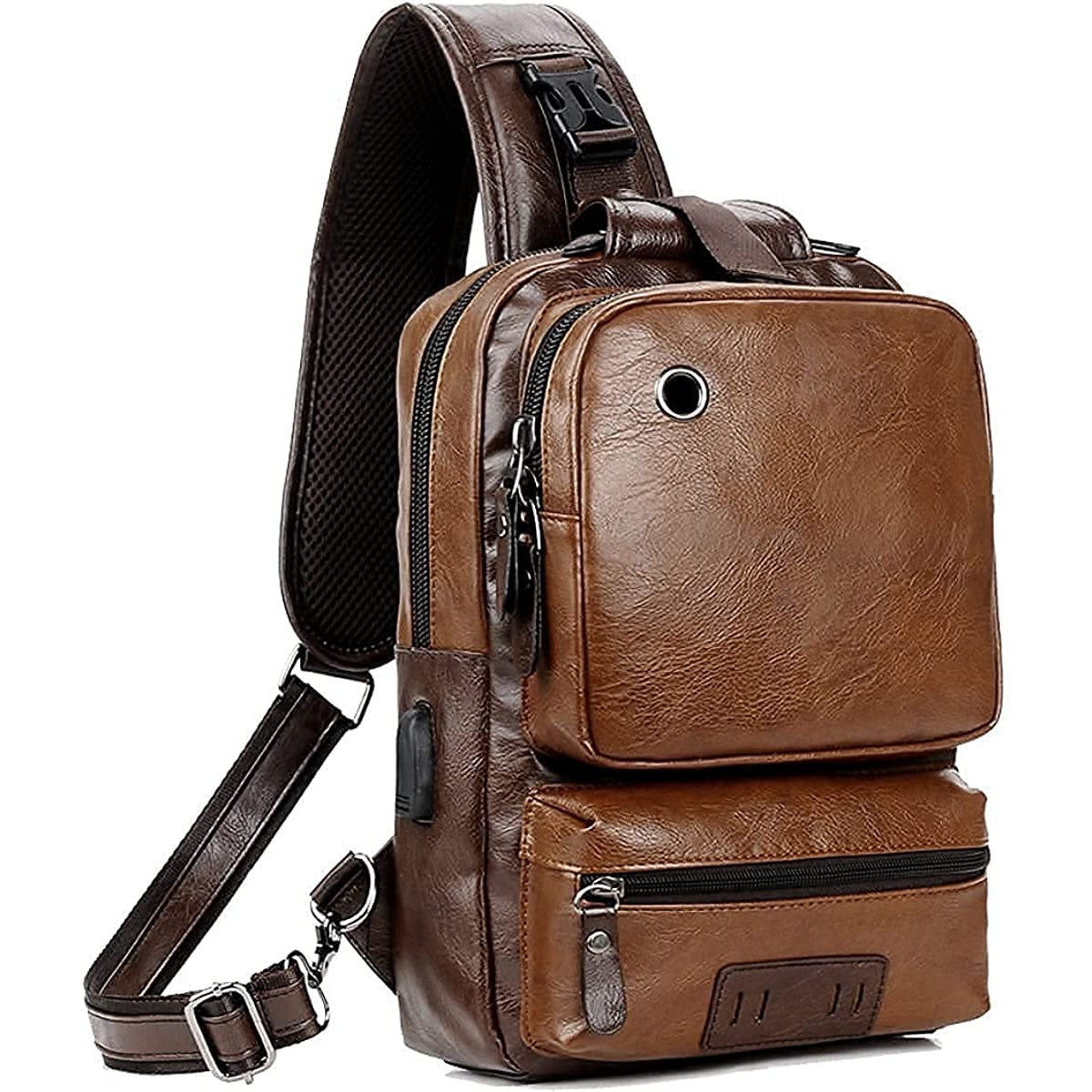 Vintage PU Leather Sling Backpack with USB Charger, Small Shoulder Bag