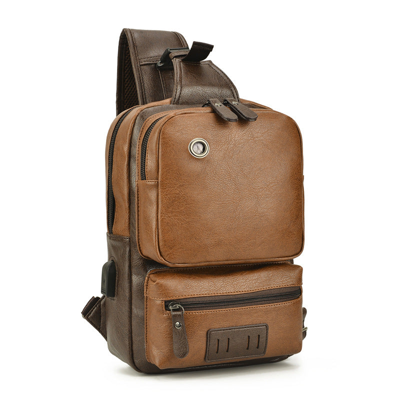 Vintage PU Leather Sling Backpack with USB Charger, Small Shoulder Bag