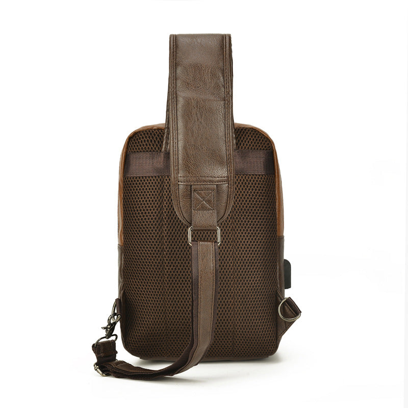 Vintage PU Leather Sling Backpack with USB Charger, Small Shoulder Bag