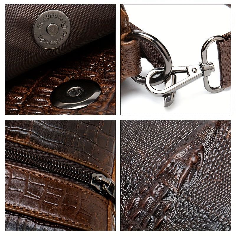Vintage Genuine Leather Shoulder Bag, Crocodile Pattern Crossbody Bag
