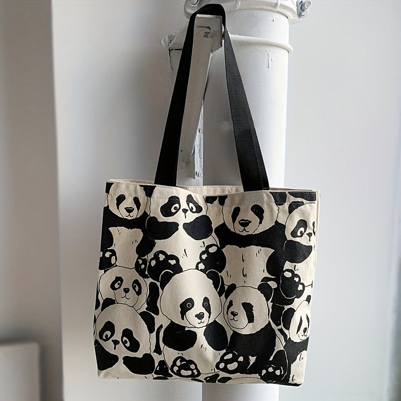 Cute Panda Canvas Shoulder Bag, Large Capacity Shopping Tote Bag