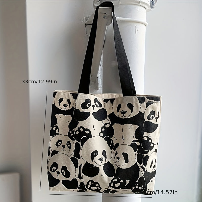 Cute Panda Canvas Shoulder Bag, Large Capacity Shopping Tote Bag