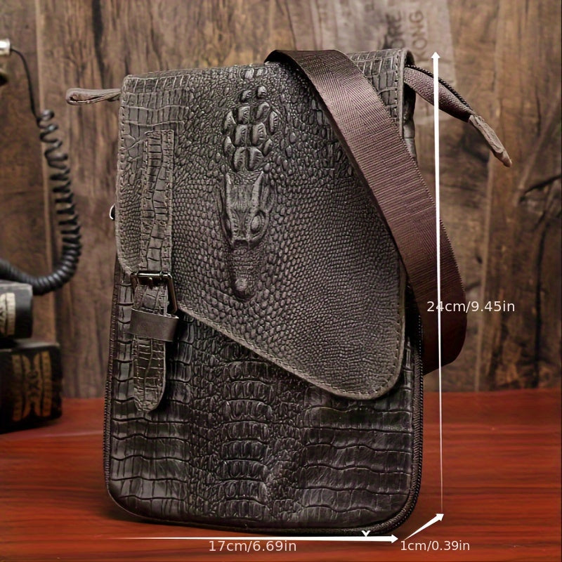 Cowhide Small Shoulder Bag, Crocodile Pattern Casual Sling Bag