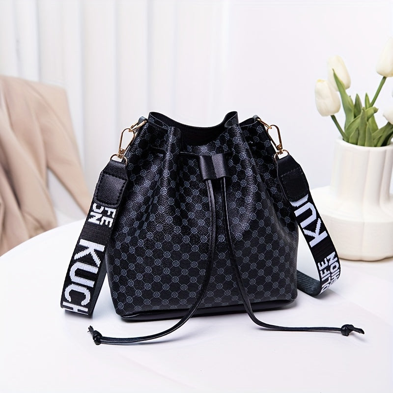 Fashion Printed PU Leather Bucket Bag, Men's Drawstring Strap Tote Bag