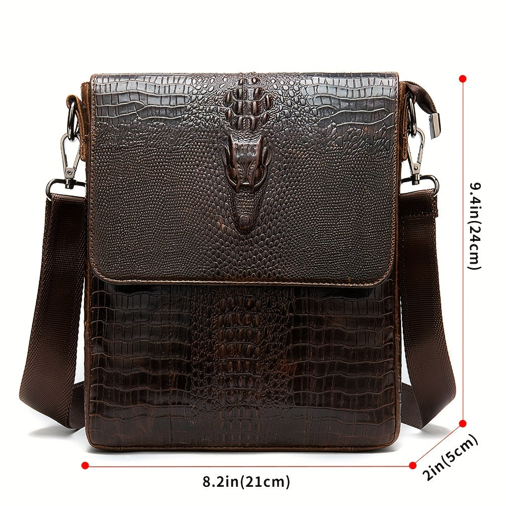 Vintage Genuine Leather Shoulder Bag, Crocodile Pattern Crossbody Bag