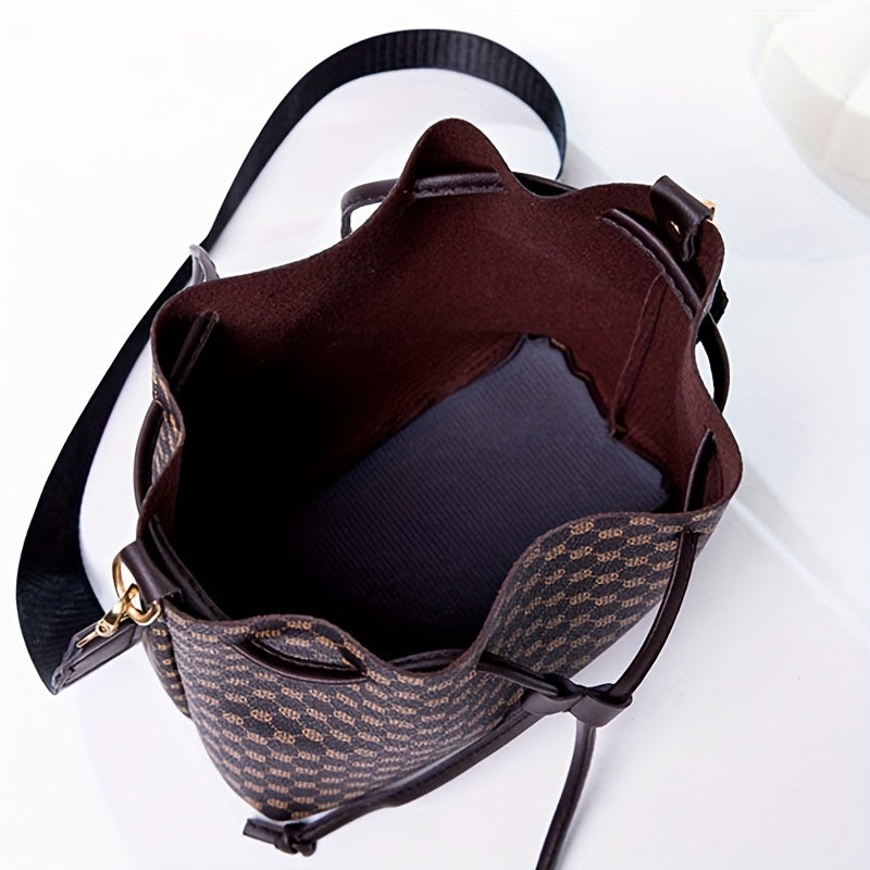 Fashion Printed PU Leather Bucket Bag, Men's Drawstring Strap Tote Bag