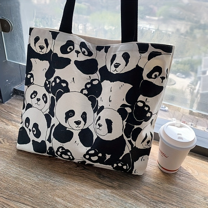 Cute Panda Canvas Shoulder Bag, Large Capacity Shopping Tote Bag