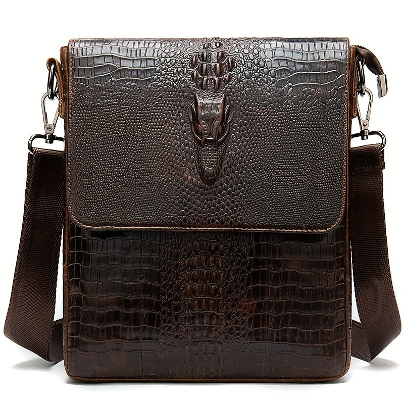 Vintage Genuine Leather Shoulder Bag, Crocodile Pattern Crossbody Bag