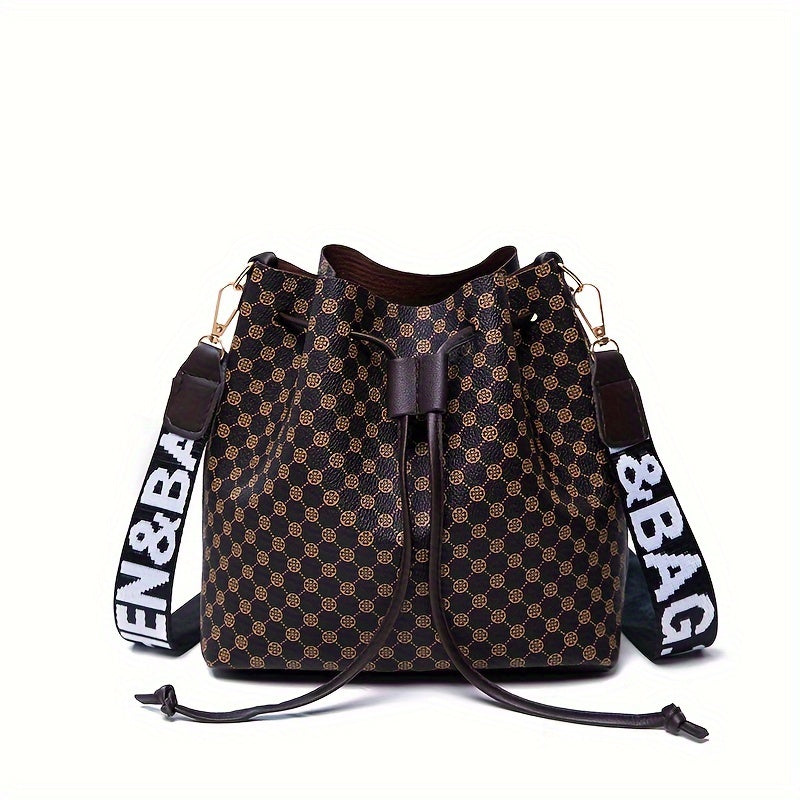 Fashion Printed PU Leather Bucket Bag, Men's Drawstring Strap Tote Bag