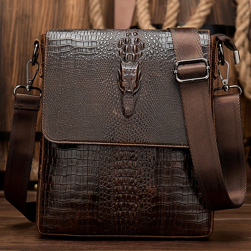 Vintage Genuine Leather Shoulder Bag, Crocodile Pattern Crossbody Bag