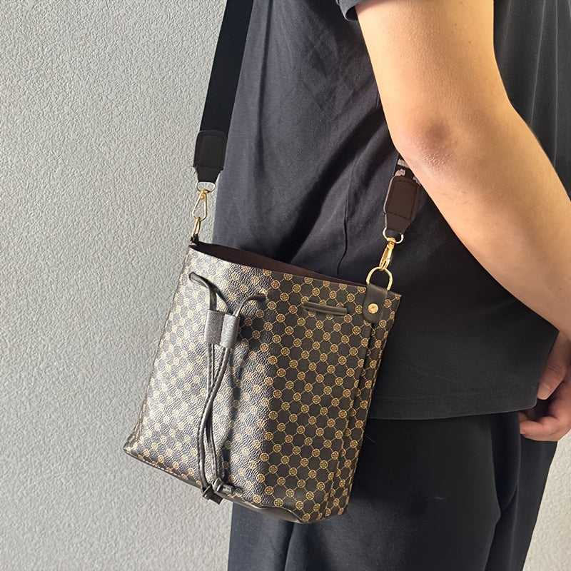 Fashion Printed PU Leather Bucket Bag, Men's Drawstring Strap Tote Bag