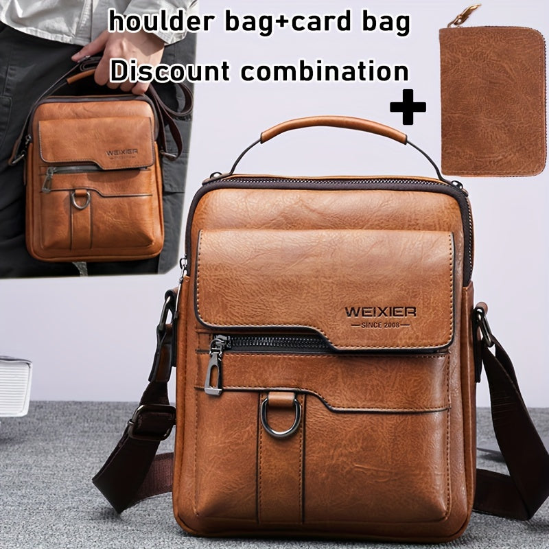WEIXIER Vintage Leather Shoulder Bag, Men's Casual Satchel Bag