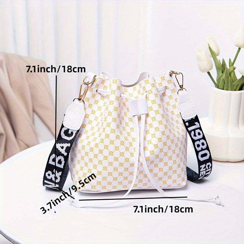 Fashion Printed PU Leather Bucket Bag, Men's Drawstring Strap Tote Bag