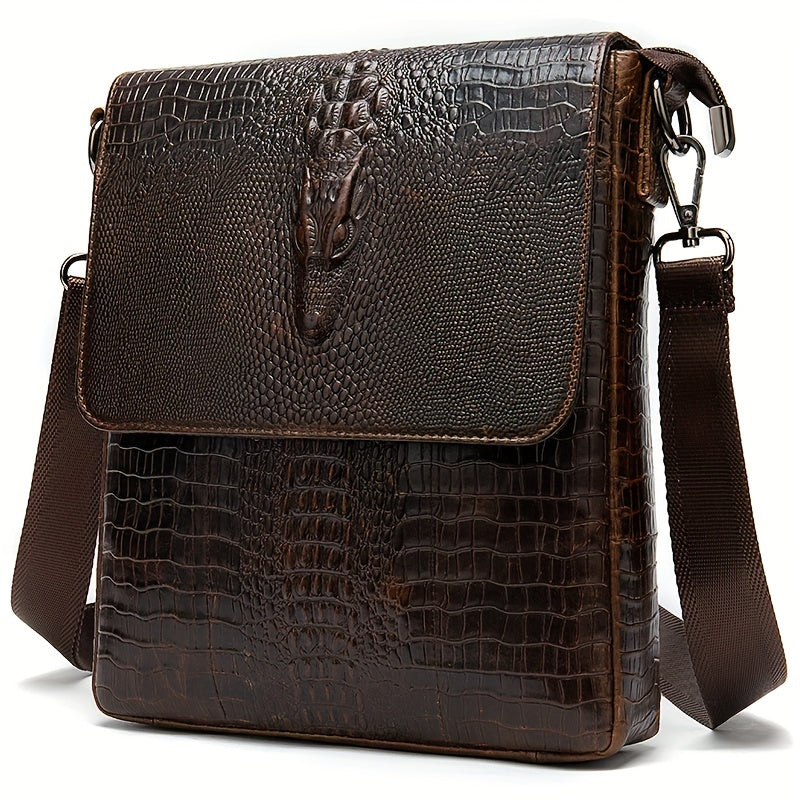 Vintage Genuine Leather Shoulder Bag, Crocodile Pattern Crossbody Bag