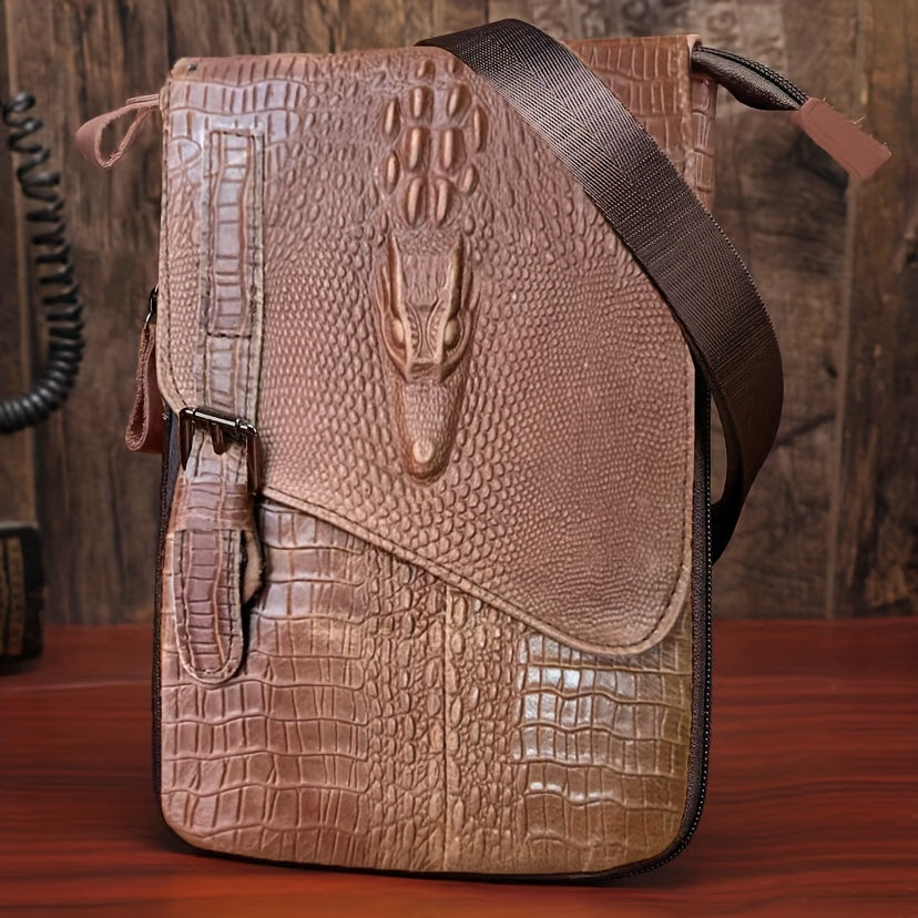Cowhide Small Shoulder Bag, Crocodile Pattern Casual Sling Bag