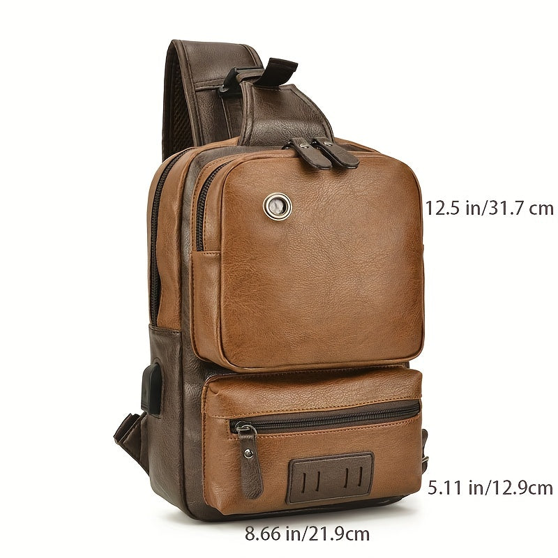 Vintage PU Leather Sling Backpack with USB Charger, Small Shoulder Bag