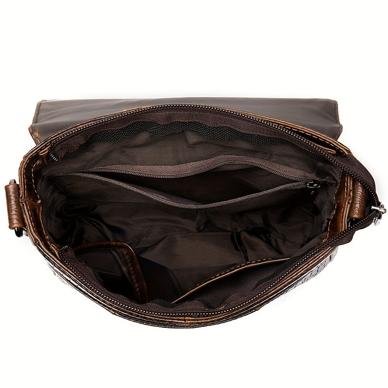 Vintage Genuine Leather Shoulder Bag, Crocodile Pattern Crossbody Bag
