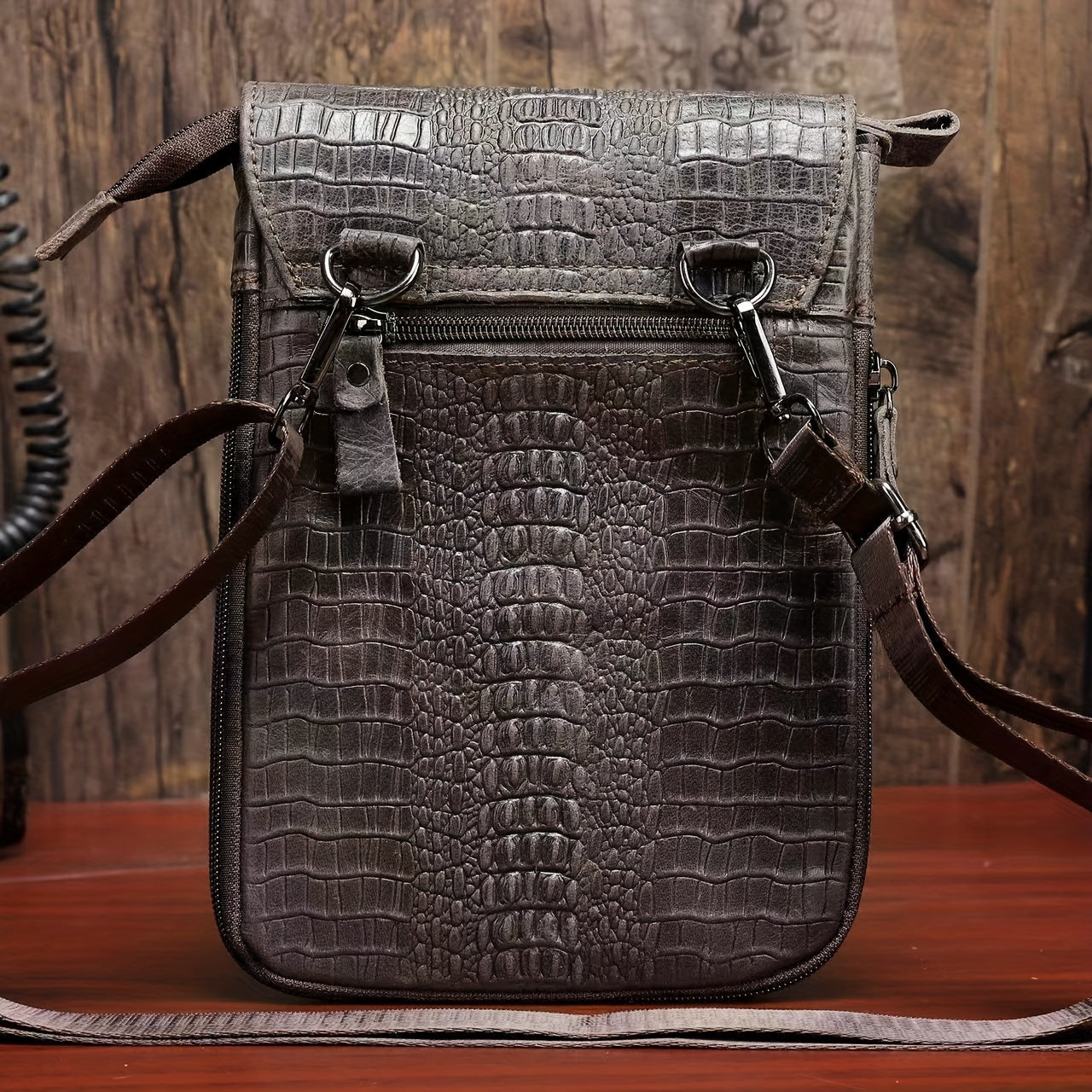 Cowhide Small Shoulder Bag, Crocodile Pattern Casual Sling Bag