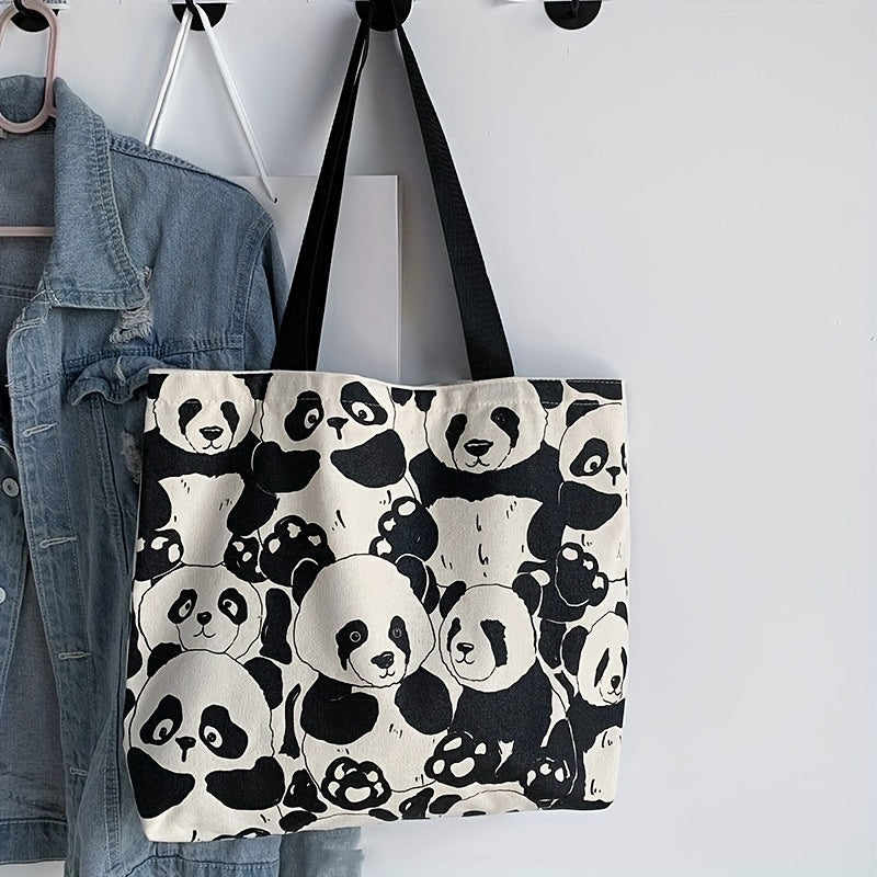 Cute Panda Canvas Shoulder Bag, Large Capacity Shopping Tote Bag