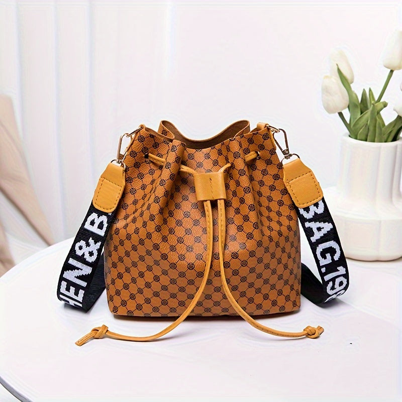 Fashion Printed PU Leather Bucket Bag, Men's Drawstring Strap Tote Bag